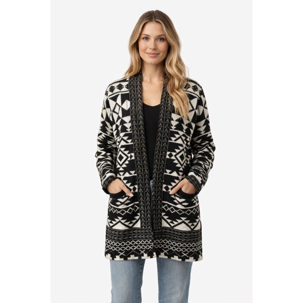 Frye Aztec Open Cardigan Sweater Black Ivory Tribal Knit Women M